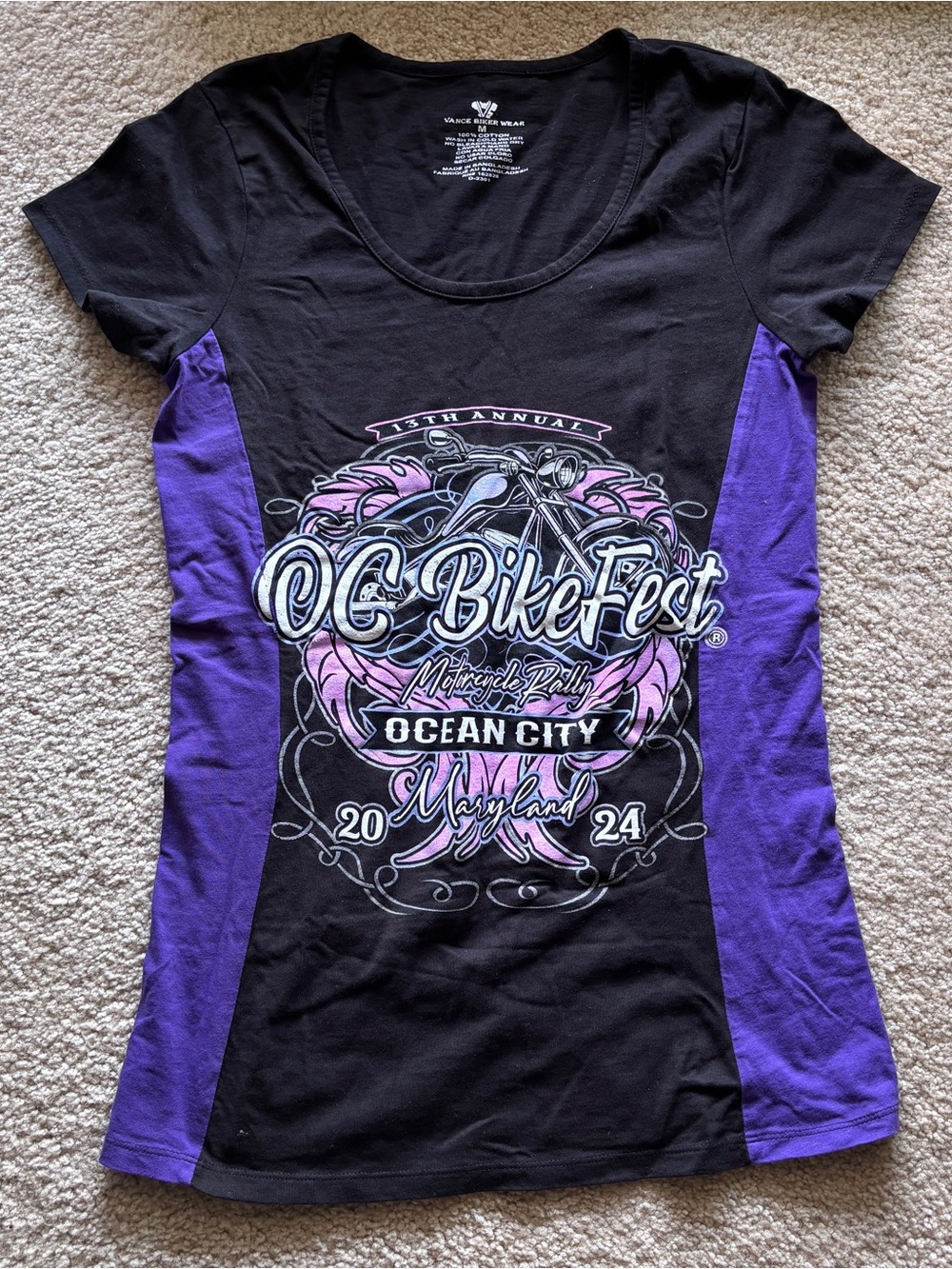 OC BikeFest Women's Black and Purple Short Sleeve Tee-size M